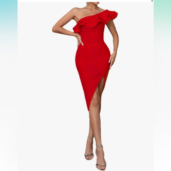None Dresses & Skirts - New Women One Shoulder Ruffle Side Split Bodycon Bandage Dress